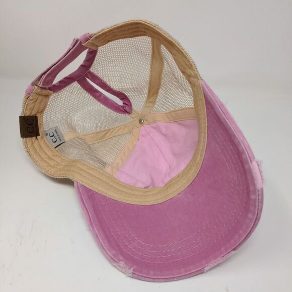 C.C. Womens Strapback Mesh Back Hat Pink Adjustable Distressed - Picture 9 of 12
